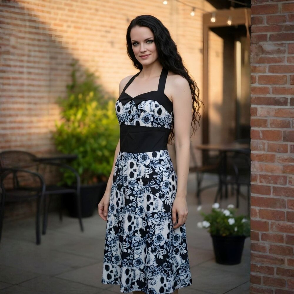 Retro Halter ✦ Skull Floral Print Midi Dress ✦ Shirred Back Adjustable Tie NWT